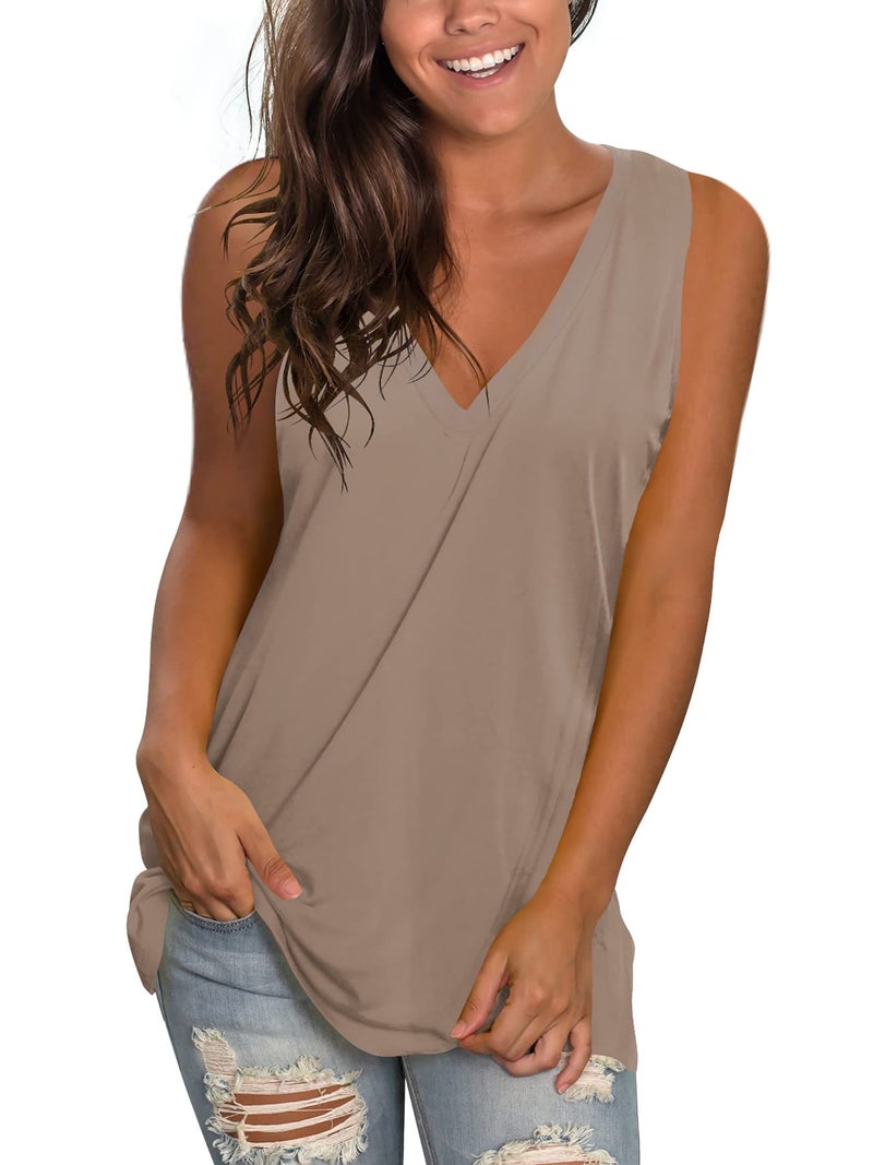 SAMPEEL Flowy T Shirts Sleeveless Cami Tank Top Women Inner Cloth Stylish Plain Khaki M - Image 1